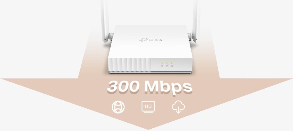 Router TP-LINK TL-WR820N Widok routera od przodu z zaznaczoną prędkością 300 Mbps i ikonami symbolizującymi internet, wideo i chmurę, Wi-Fi, pasma, prędkość
