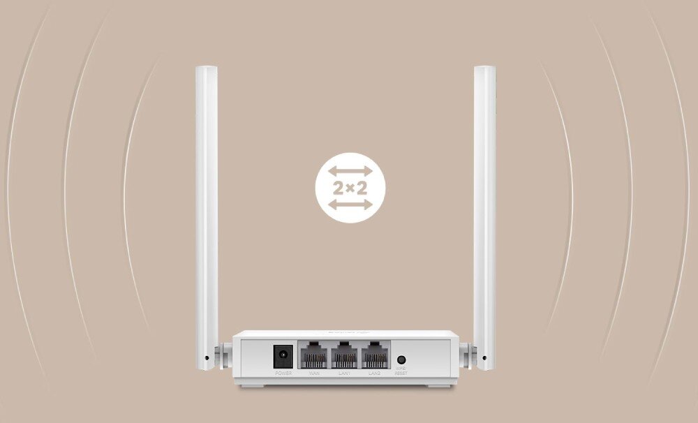 Router TP-LINK TL-WR820N Widok tylnego panelu routera z dwiema pionowymi antenami i czterema portami LAN oraz jednym portem WAN, anteny, sygnał