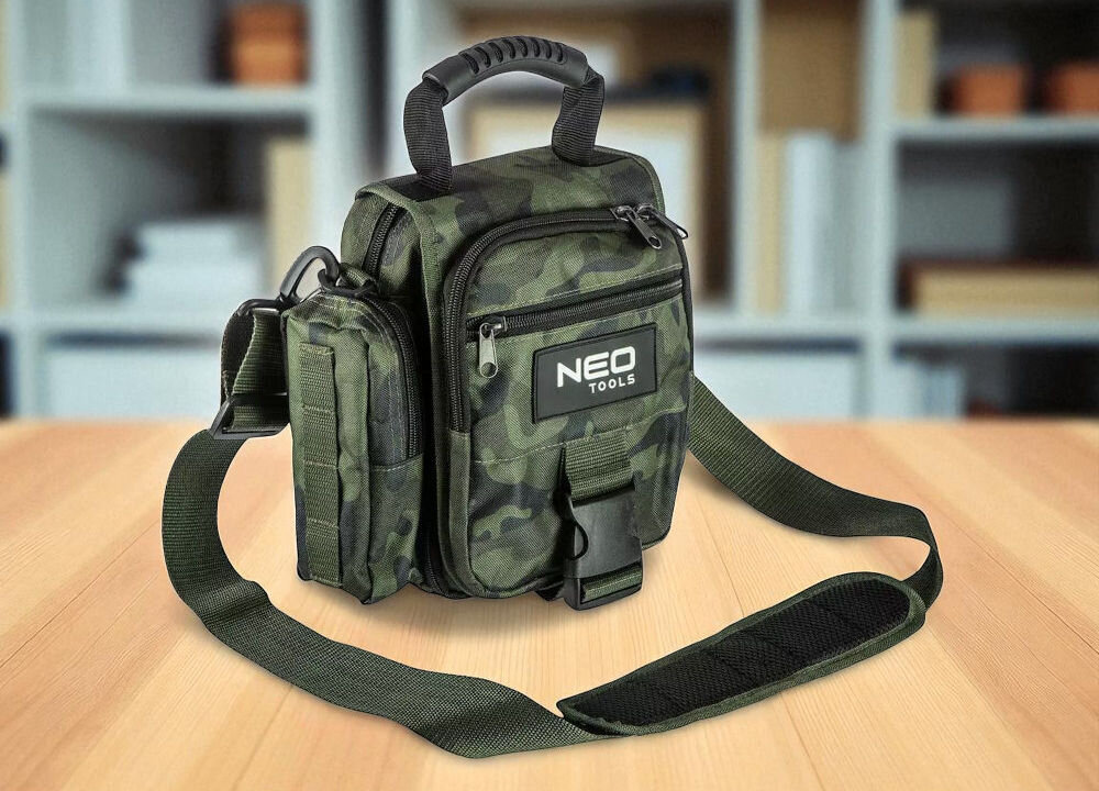 Torba monterska NEO TOOLS 84-323 funkcjonalna do pracy i podróży - torba na blacie w tle półki regał