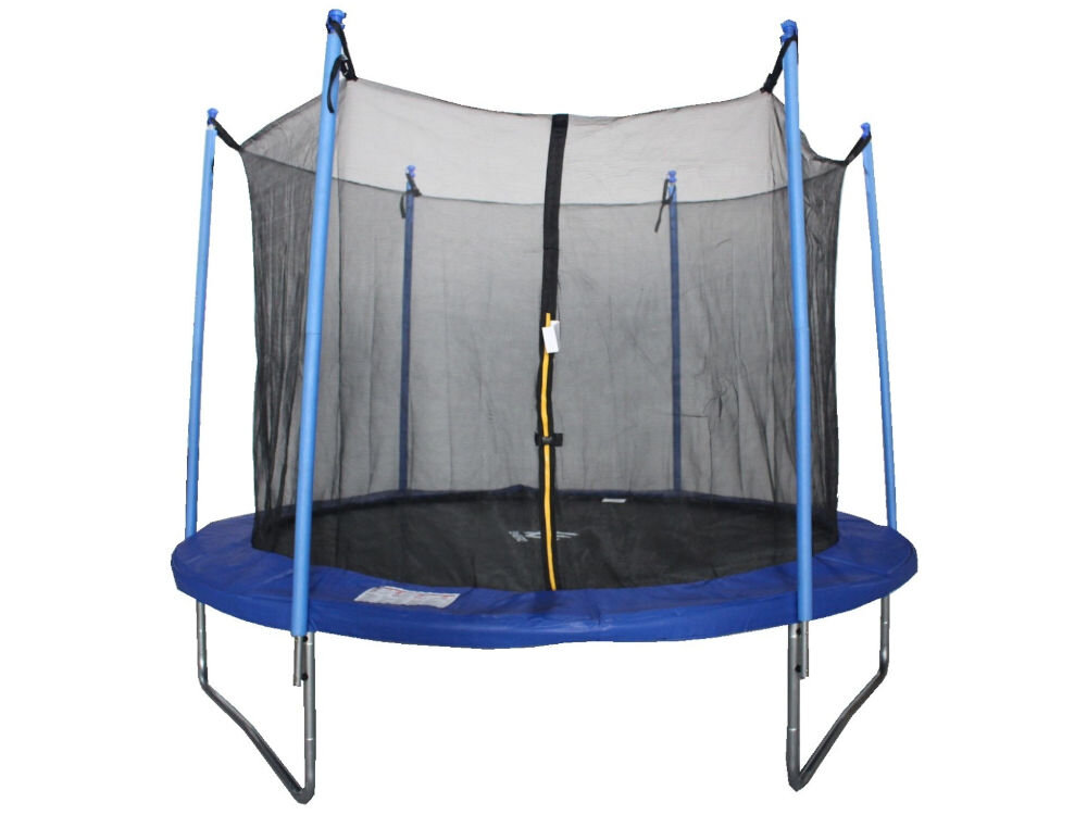 Trampolina ENERO FI 244 cm, skoki, zabawa, aktywność, Trampolina stoi w pełno rozstawiona, na białym tle frontem na wprost