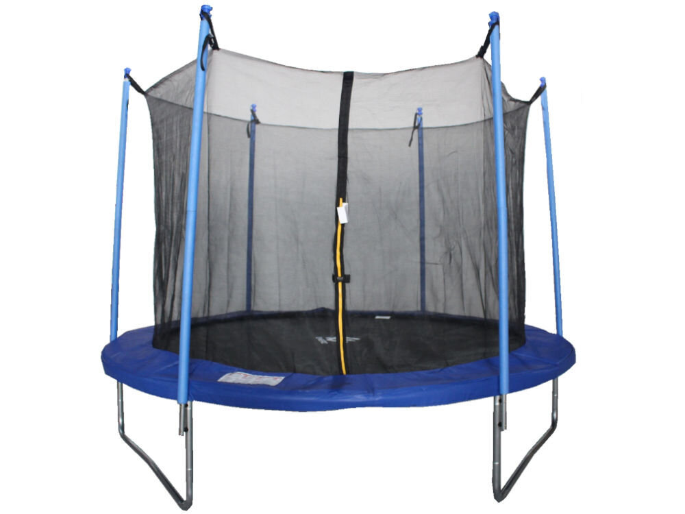 Trampolina ENERO FI 305 cm, udźwig, dzieci, dorośli, aktywność, Na białym tle trampolina stoi w pełni rozstawiona frontem na wprost