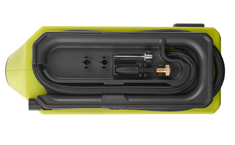 Kompresor RYOBI R18MI-0 dysze nasadki adaptery w specjalnych przegrodach na kompresorze