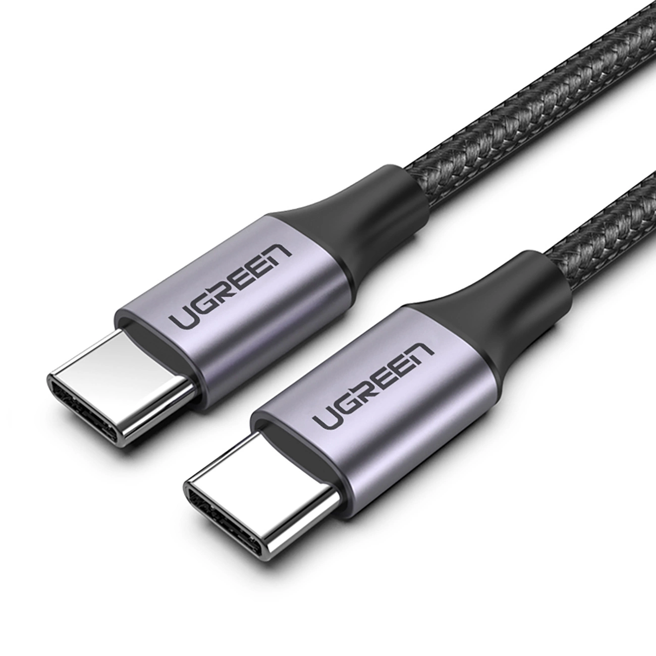 Na obrazie widoczne są dwa złącza USB-C z metalowymi końcówkami i plecionym kablem. Na złączach znajduje się logo \'UGREEN\'.