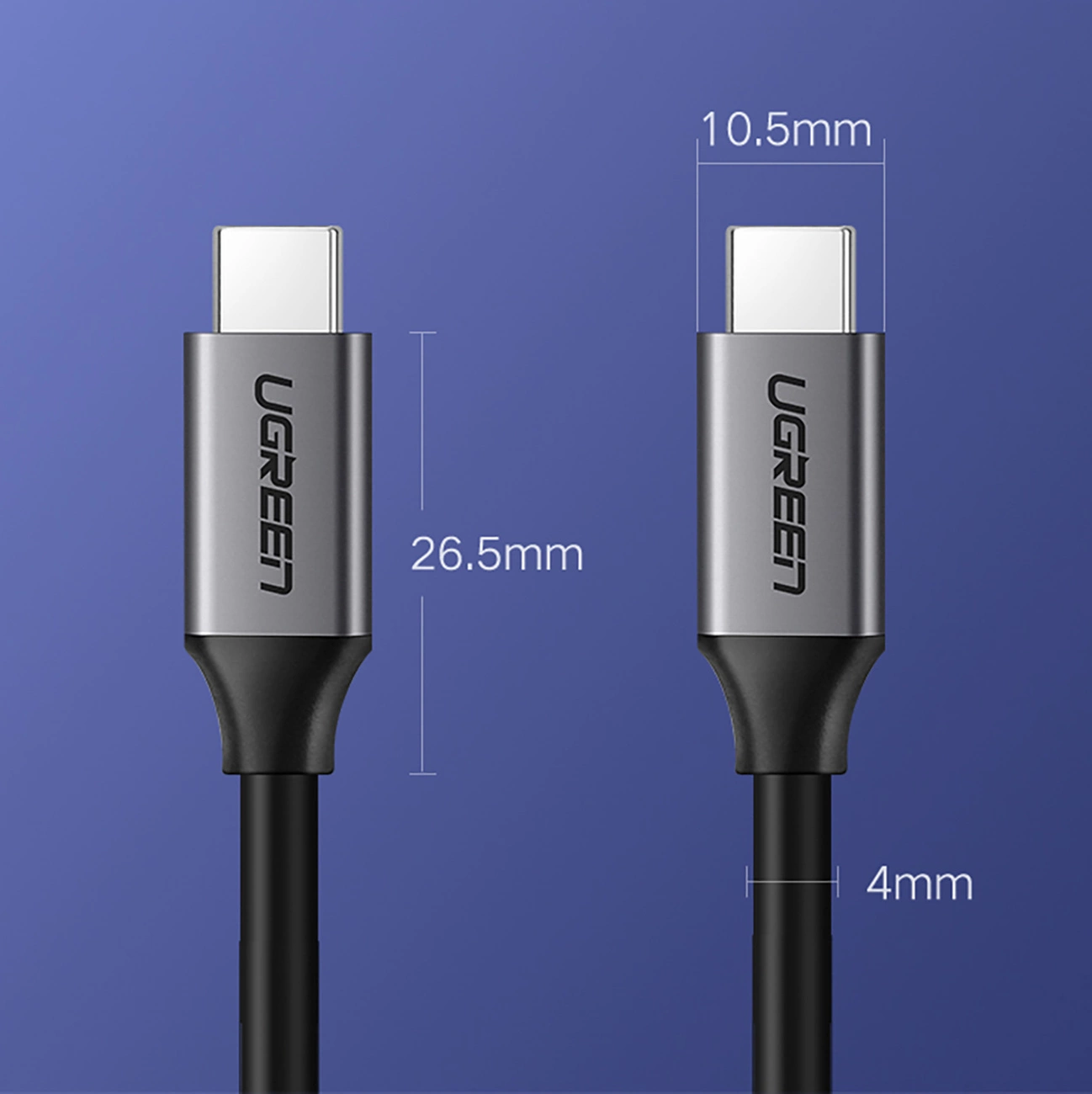 Obraz przedstawia dwa złącza kabla USB-C z logo \'UGREEN\' na niebieskim tle. Widoczne są wymiary: 26.5mm, 10.5mm i 4mm.