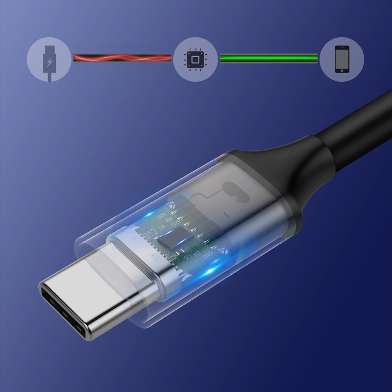 Obraz przedstawia kabel USB-C z przezroczystą obudową, ukazującą wewnętrzne komponenty i niebieskie podświetlenie. W tle widoczne są ikony symbolizujące ładowanie, przetwarzanie danych i urządzenie mobilne.