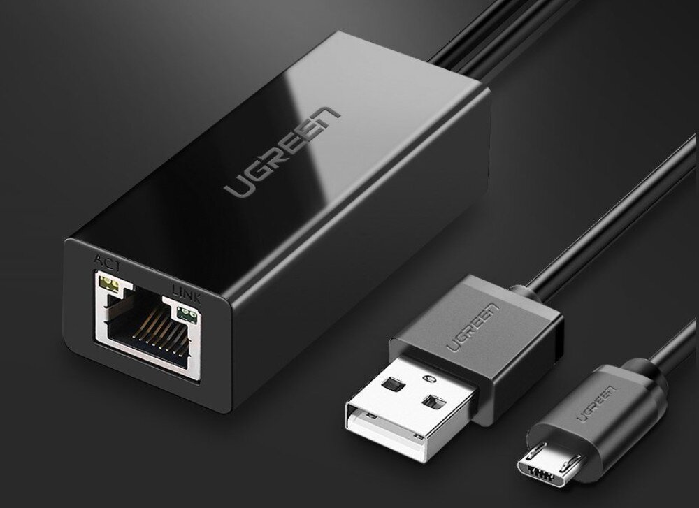 Karta sieciowa UGREEN 30985 Zbliżenie na czarną obudowę z gniazdem Ethernet oraz dwa wtyki: USB typu A oraz micro USB na końcach czarnych przewodów