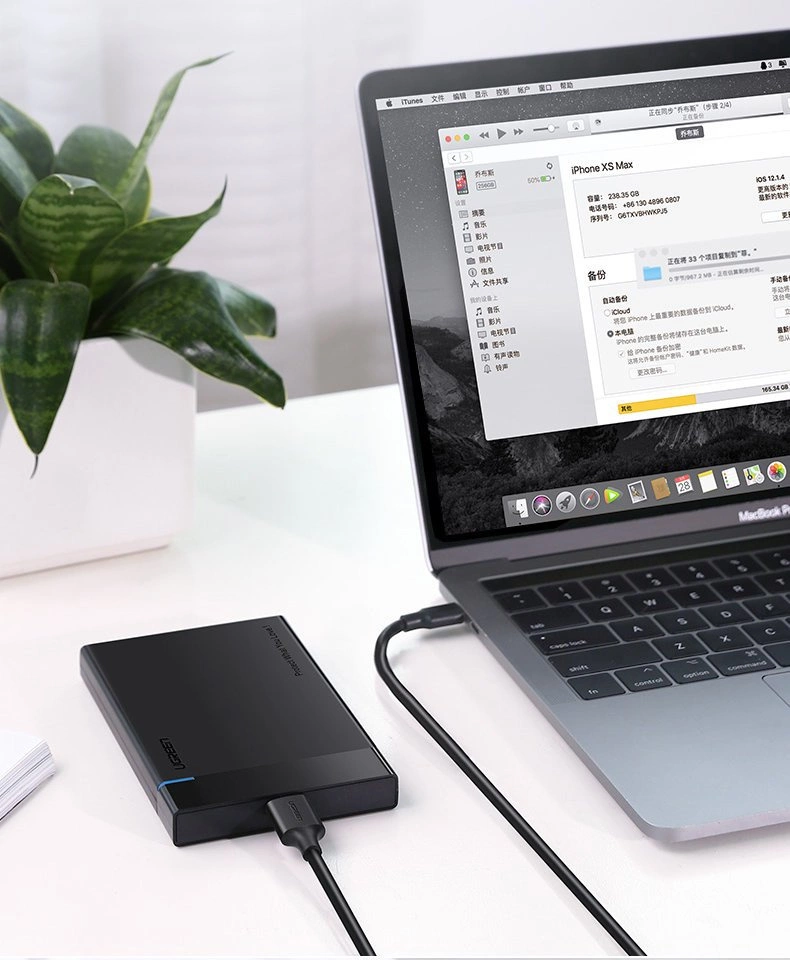 Na biurku znajduje się laptop z otwartym ekranem, na którym widoczny jest interfejs programu iTunes. Obok laptopa leży czarny dysk zewnętrzny podłączony kablem USB, a w tle widać roślinę doniczkową.