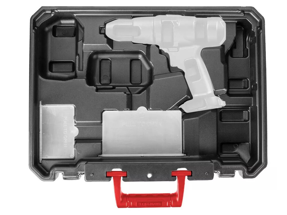 Walizka GRAPHITE 58G087 połowa walizki na białym tle widok z góry do bezpiecznego przenoszenia i przechowywania wiertarko-wkrętarek GRAPHITE Energy+ wytrzymała konstrukcja z wysokiej jakości tworzywa sztucznego ochrona przed uszkodzeniami mechanicznymi