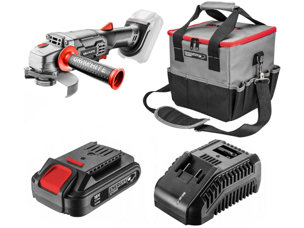 Szlifierka kątowa GRAPHITE 58G003 Energy+ w zestawie akumulator ładowarka torba instrukcja obsługi w polskiej wersji językowej karta gwarancyjna