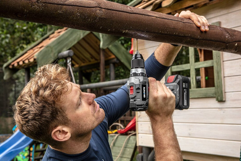 Wiertarko-wkrętarka GRAPHITE 58G010 Energy+ elektronarzędzie ze świetnymi parametrami technicznymi solidne niezawodne dla amatora majsterkowania do profesjonalnych warsztatów funkcja udaru liczba udarów do 18750 min-1