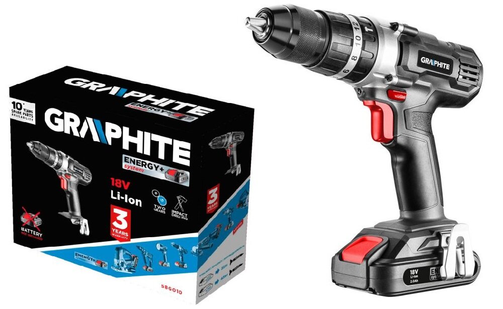 Wiertarko-wkrętarka GRAPHITE 58G010 Energy+ zasilanie akumulatorowe akumulator Li-Ion napięcie 18 V pojemność 2,0 Ah technologia litowo-jonowa maksymalny moment obrotowy do 55 Nm