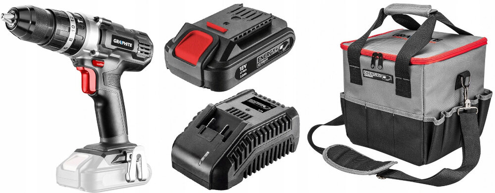 Wiertarko-wkrętarka GRAPHITE 58G010 Energy+ w zestawie 2 akumulatory ładowarka torba instrukcja obsługi w języku polskim karta gwarancyjna