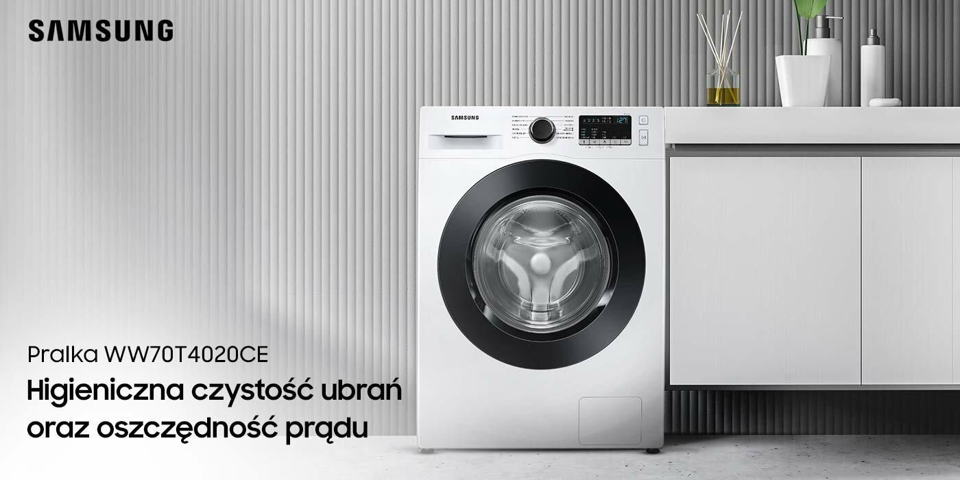 Pralka Samsung WW70T4020CE na tle prążkowanej ściany