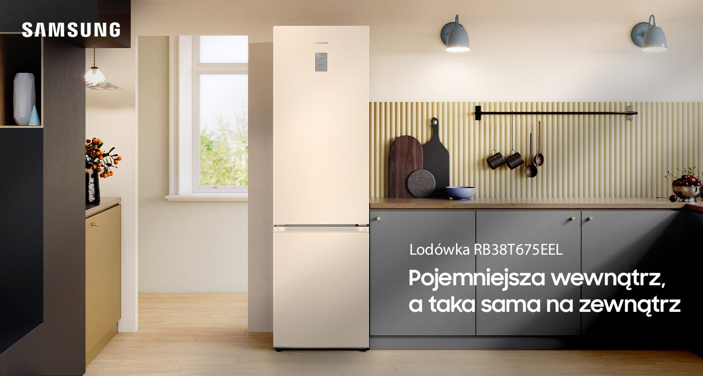 Beżowy kolor lodówki RB38T675EEL, która dostępna jest w ofercie Media Expert, dobrze komponuje się z wystrojem wnętrza kuchennego Beżowy kolor lodówki RB38T675EEL, która dostępna jest w ofercie Media Expert, dobrze komponuje się z wystrojem wnętrza kuchennego