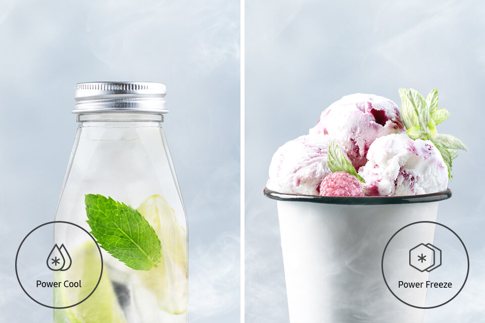 butelka lemoniady schłodzona przy pomocy Power Cool i kubek lodów z malinami i miętą mrożony przez funkcję Power Freeze butelka lemoniady schłodzona przy pomocy Power Cool i kubek lodów z malinami i miętą mrożony przez funkcję Power Freeze