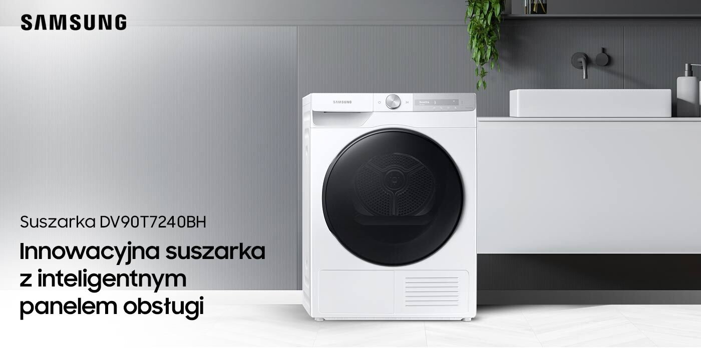 DV90T7240BH - suszarka Samsung w szarej łazience DV90T7240BH - suszarka Samsung w szarej łazience