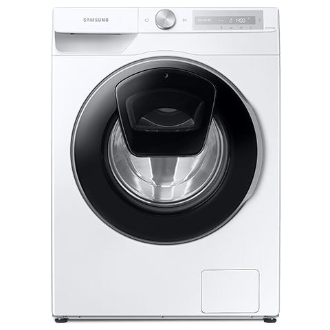 Przód białej pralki Samsung WW10T654DLH, która ma czarną ramę drzwi i dodatkowe drzwiczki AddWash