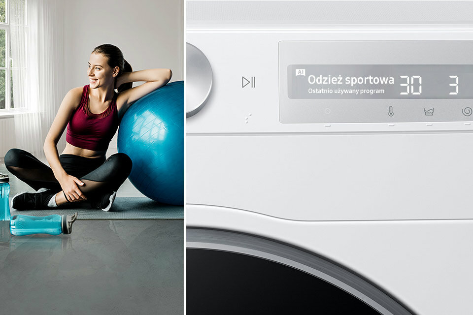 Kobieta siedząca na macie do ćwiczeń oraz pralka wyświetlająca program do prania odzieży sportowej