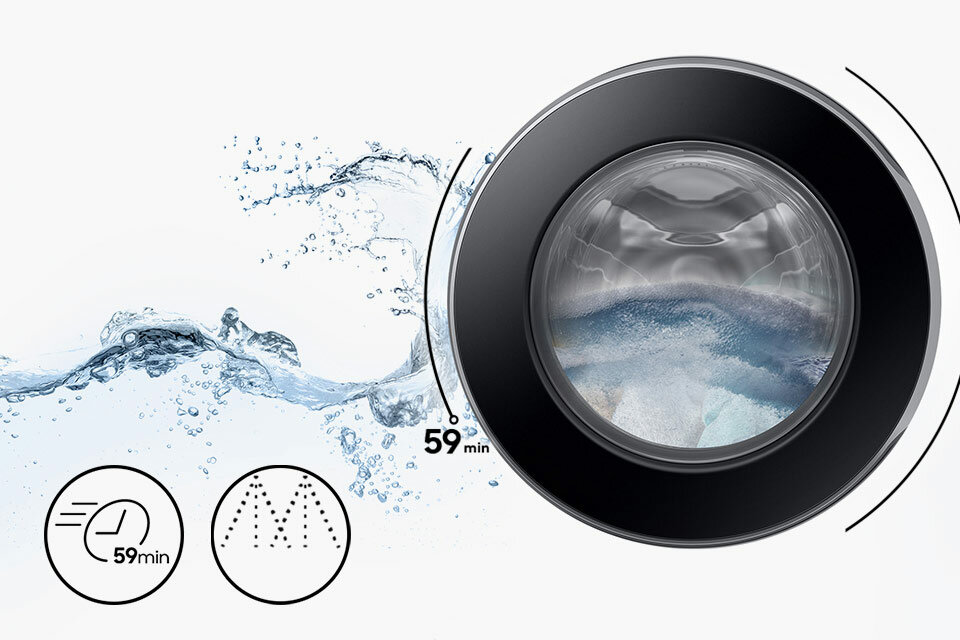 Bęben pralki zawieszony w przestrzeni z falą czystej wody i symbolami 59 minut oraz plukania