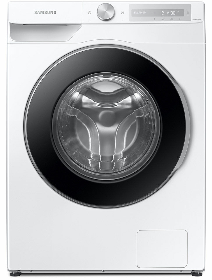 Przód białej pralki Samsung WW80T634DLH, która ma czarną ramę drzwi 