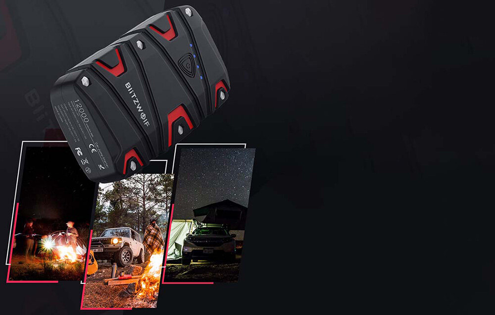 BLITZWOLF Jump Starter BW-JA1 klasie szczelności IP67 odporny na pył oraz wodę -20℃ - powerbank na ciemnynm tle