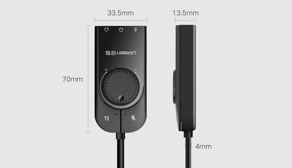 Karta dźwiękowa UGREEN 40964 wymiary zlacze usb-a gniazdo 3,5 mm dlugosc kabla kompaktowe wymiary
