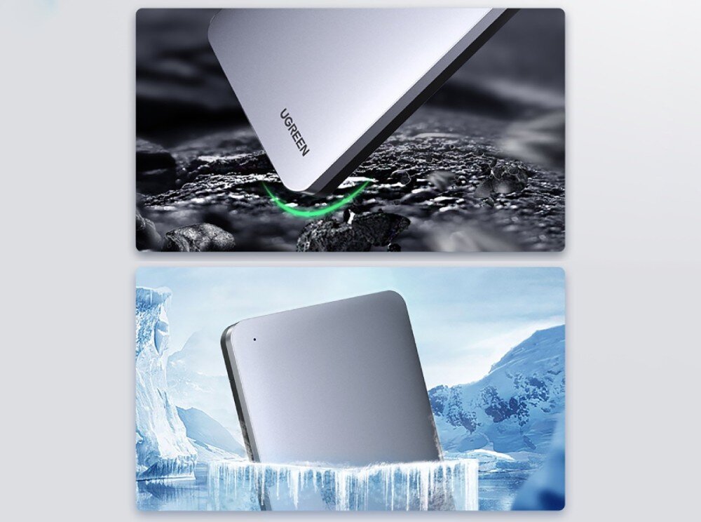 Obudowa dysku UGREEN CM300 70499 Dwie grafiki przedstawiające srebrną obudowę dysku w trudnych warunkach gdzie górna ukazuje uderzenie o skaliste podłoże a dolna zanurzenie w bryle lodu