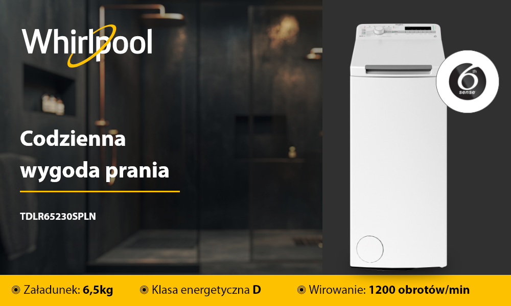 PRALKA WHIRLPOOL TDLR 65230S PL/N Grafika promocyjna prezentuje model pralki wraz z jego głównymi parametrami, takimi jak ładowność, klasa energetyczna i prędkość wirowania. Obok umieszczono logo producenta szybkie pranie kompaktowa energooszczędna funkcjonalna