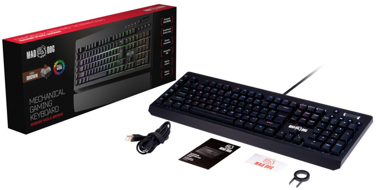 Klawiatura MAD DOG GK950 BROWN Kailh RGB zawartość opakowania