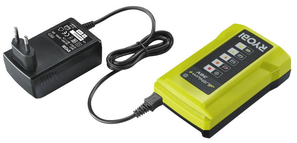 Ładowarka RYOBI RY36C17A 36V 1.7A, ładowanie, diody, stan, sygnały, Na białym tle ładowarka wraz z załączonym do zestawu zasilaczem