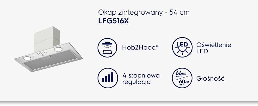 Obraz przedstawia okap zintegrowany o szerokości 54 cm, model LFG516X. Widoczne są ikony z funkcjami: Hob2Hood®, oświetlenie LED, 4 stopniowa regulacja oraz głośność 66dB max, 60dB min.
