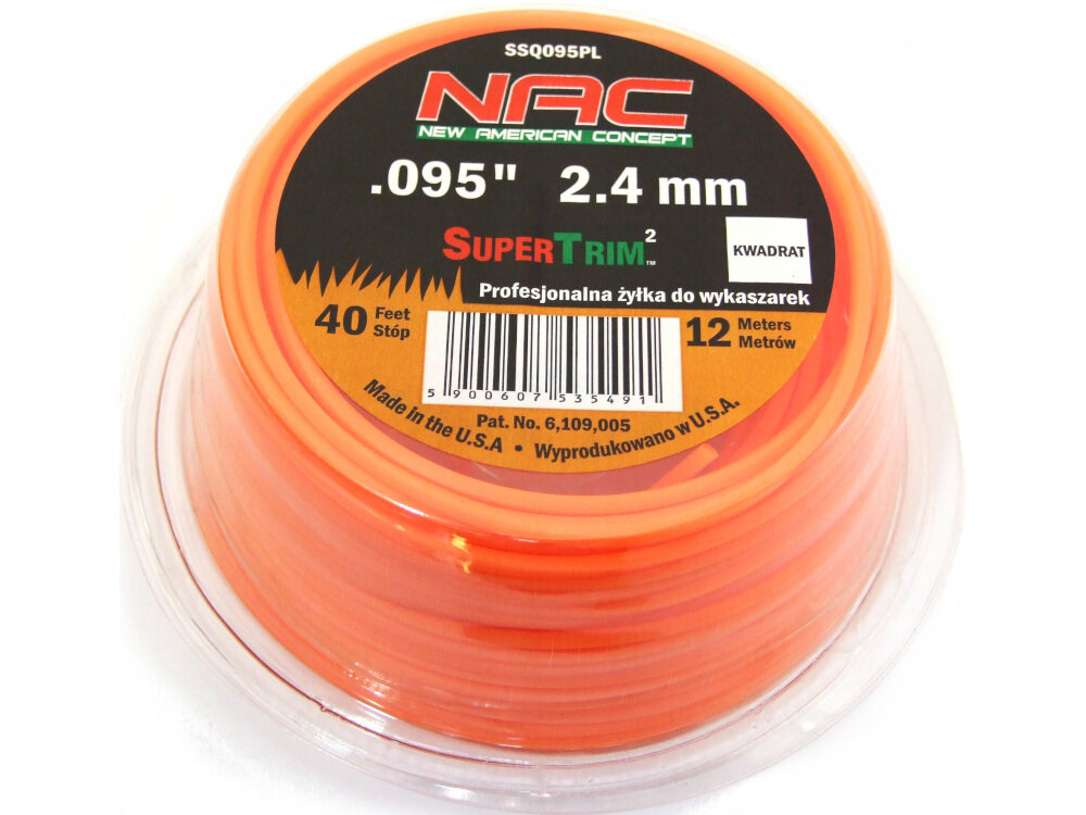 Żyłka tnąca NAC 2.4 mm x 12 m SSQ095PL doskonała wytrzymałość bardziej wydajna zaawansowana technologia doświadczenie trwała odporna do kos spalinowych podkaszarek kwadratowy kształt przekrój żyłki szerokość 2,4 mm długość do 12 m