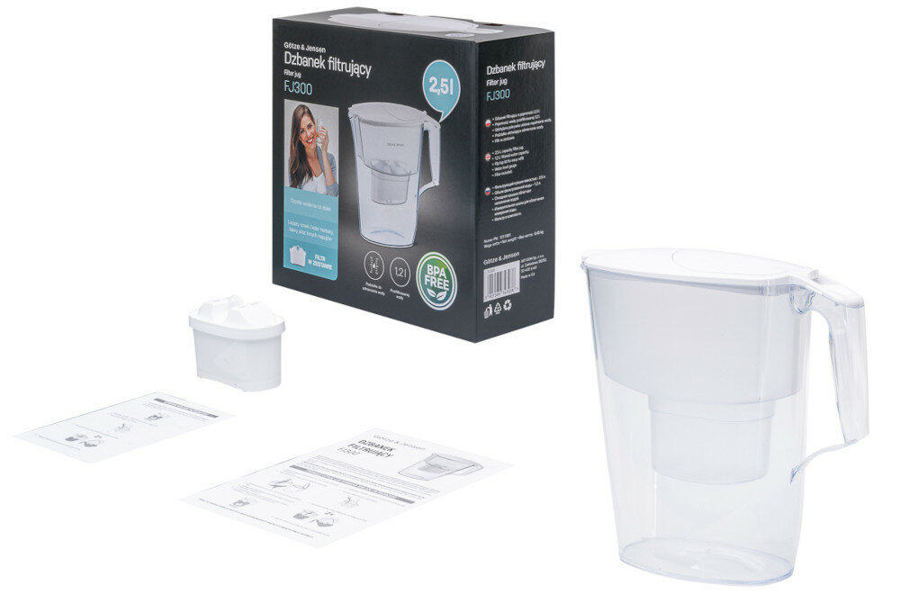 Dzbanek filtrujący GÖTZE & JENSEN FJ300 Biały zestaw zawartosc