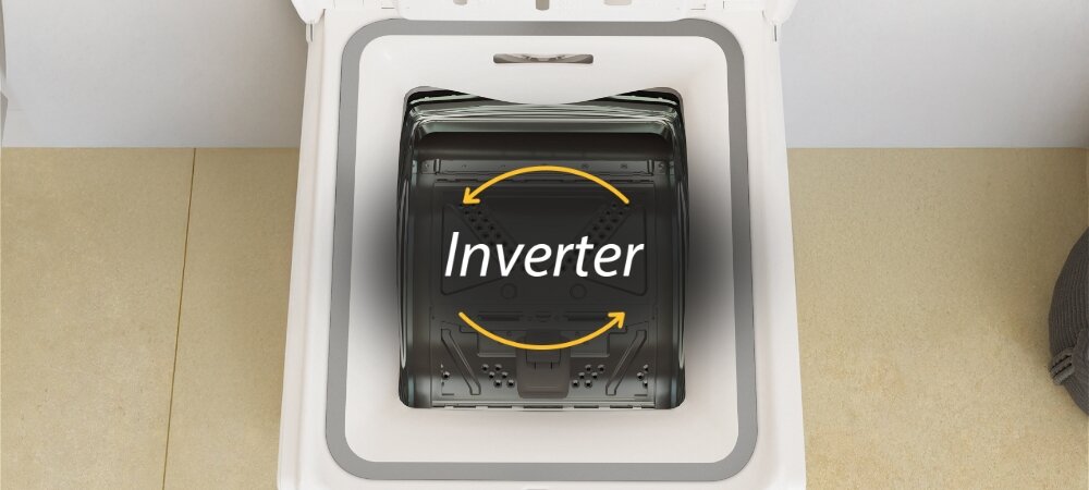 PRALKA WHIRLPOOL MTDLR65241BS PL/N Zdjęcie przedstawia otwartą pralkę ładowaną od góry, w której widoczny jest bęben oznaczony napisem „Inverter”. Grafika podkreśla działanie silnika o płynnej pracy, zaznaczone strzałkami obrazującymi jego ruch silnik inwerterowy cicha stabilna praca dłuższa żywotność
