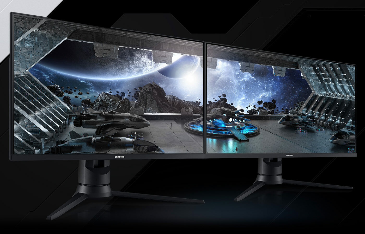 Dwa monitory Samsung obok siebie, obraz tworzy spójną całość