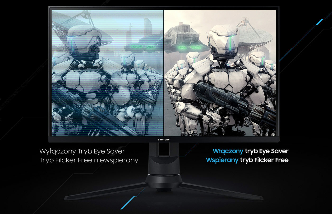 Monitor z włączoną funkcją Flicker Free i Eye Saver Mode na prawej połowie i wyłączoną na lewej