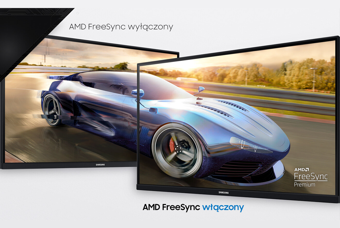 Dwa monitory, jeden z włączoną funkcją AMD FreeSync