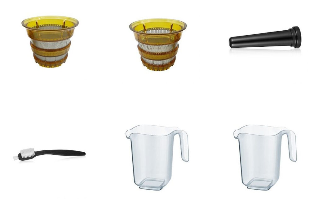 Wyciskarka wolnoobrotowa 4SWISS BM 202 x JJ Czarny zestaw akcesoria komplet wyposazenie drobne sito grube sito tloczek szczoteczka do czyszczenia pojemnik na sok pojemnik na pulpe