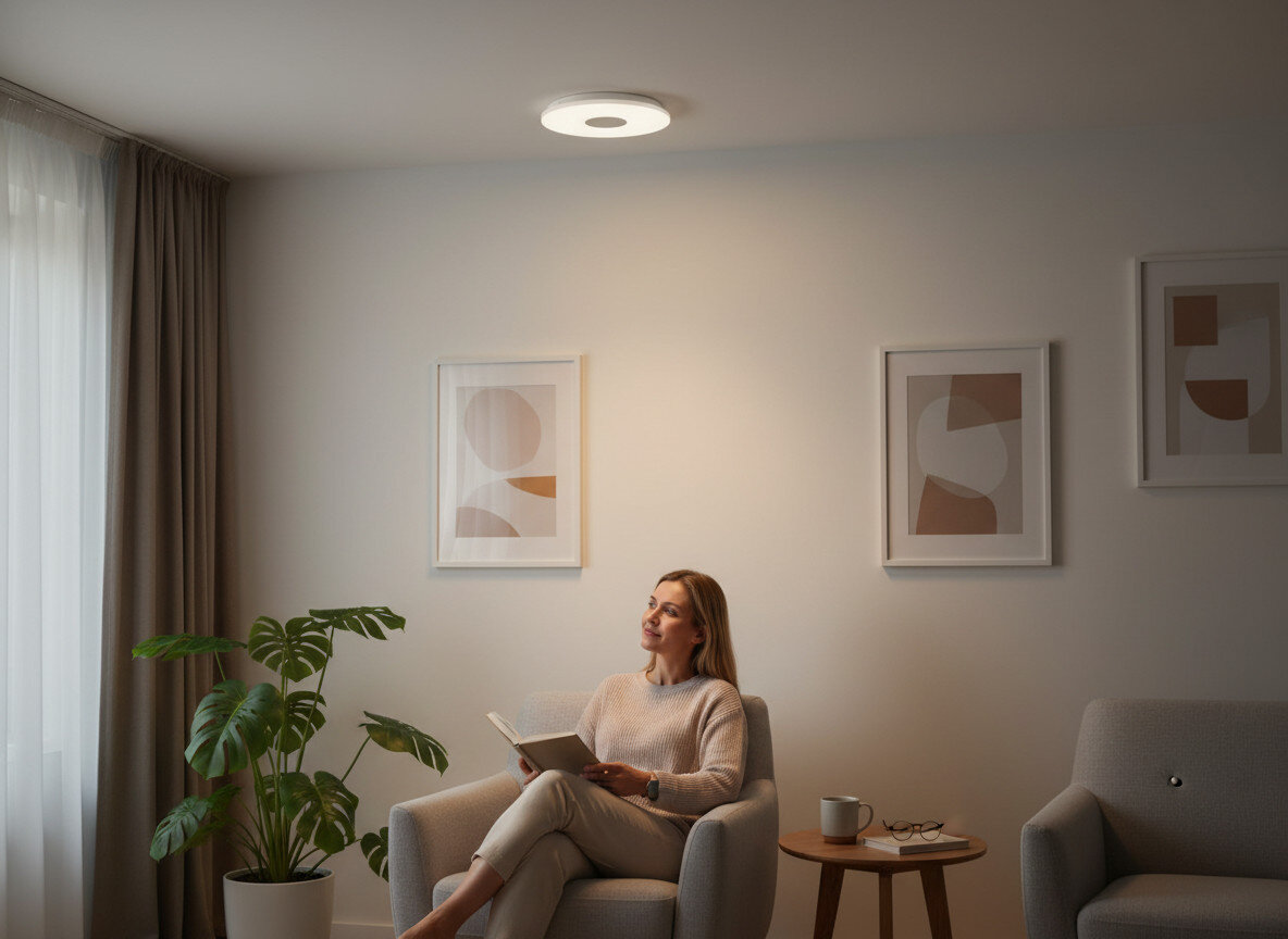 Plafon sufitowy ACTIVEJET AJE-Ufo 24W Biały, światło, dom, plafon, LED, Kobieta czyta książkę w sypialni pod światłem okrągłej lampy LED.