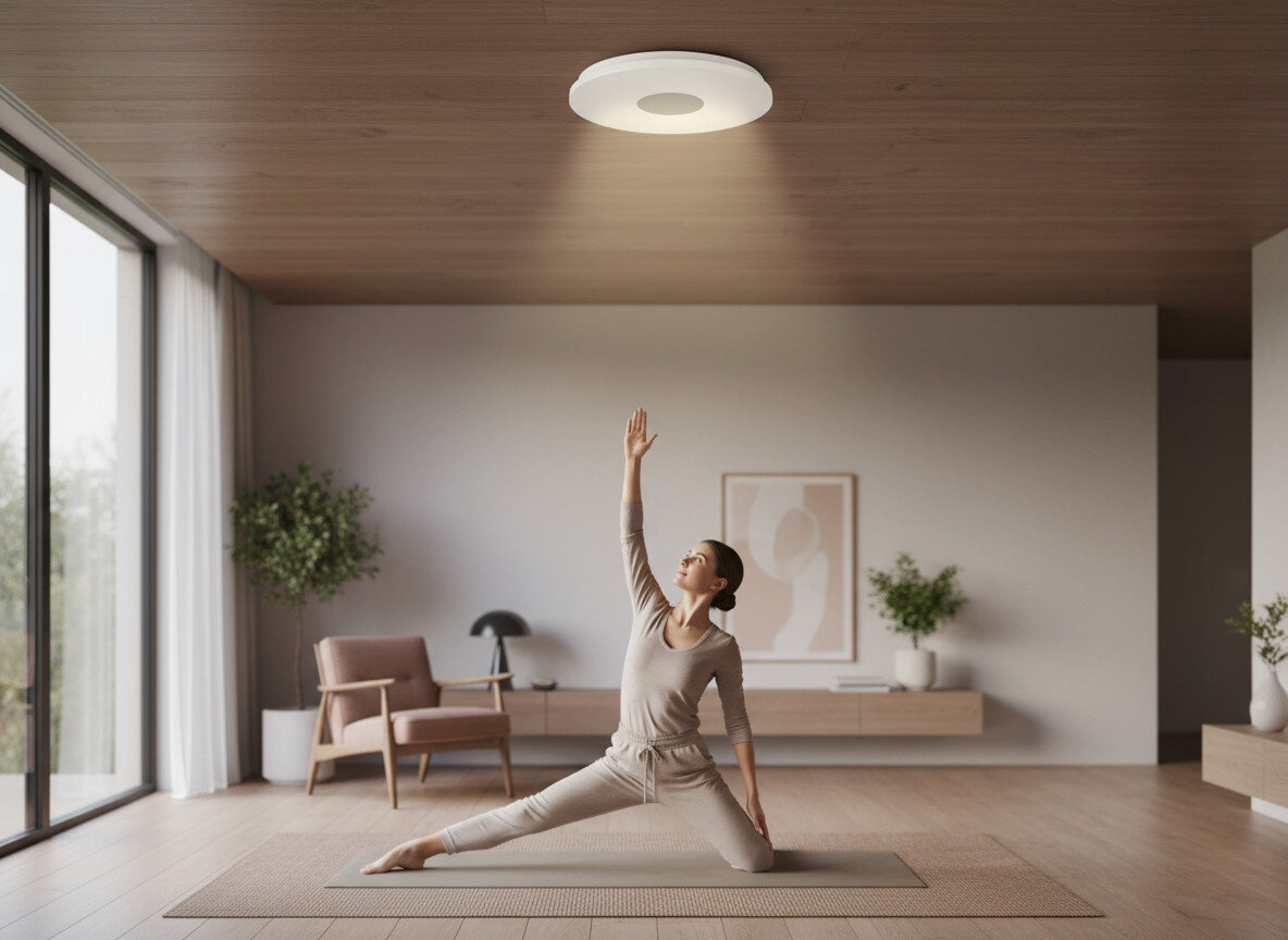 Plafon sufitowy ACTIVEJET AJE-Ufo 24W Biały, obudowa, CRI, IP20, elegancja, Kobieta ćwiczy jogę w pokoju oświetlonym okrągłym plafonem LED.