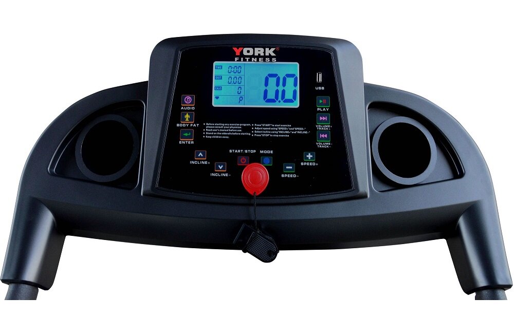 Bieżnia elektryczna YORK FITNESS T700 Wielofunkcyjny komputer czytelny wyświetlacz parametry treningu Sensory dotykowe możliwość żłożenia