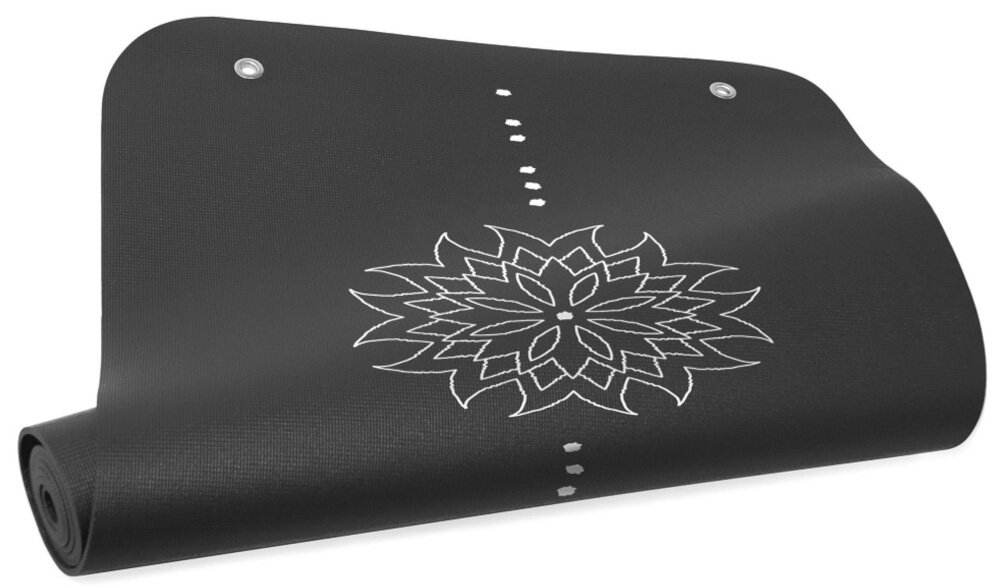 Mata do jogi TIGUAR Yoga Basis Grafitowy lekko zwinięta mata na białym tle widok na mandale do wykonywania ćwiczeń jogi stretchingu mobilizacji stabilne i bezpieczne podparcie na różnych typach podłoża odpowiednie kontrola ciała podczas treningu amortyzacja zmniejsza nacisk