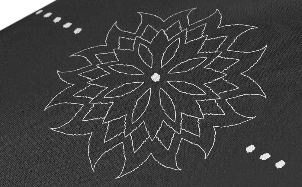 Mata do jogi TIGUAR Yoga Basis Grafitowy zbliżenie na print widok na mandale estetycznie wykonana trwały nadruk mandali nie ściera się podczas regularnego użytkowania wyrazisty design linia z kocich cętek wzdłuż całej maty ułatwia też orientację w ustawieniu ciała na macie