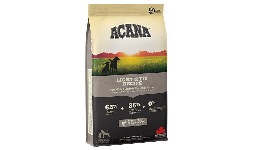 Karma dla psa ACANA Light & Fit Recipe Kurczak 11.4 kg opakowanie na białym tle 65% składników pochodzenia zwierzęcego kurczak morszczuk odżywcze jaja mięsa, wątroby, serca i chrząstek morszczuk wykorzystywany jest w całości koncepcja WholePrey mięso, podroby, chrząstki i ryby stanowią źródła różnorodnych składników odżywczych wartość energetyczna 3070 kcal/kg