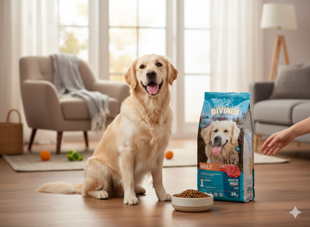 Karma dla psa DIVINUS Adult Mięsny 20 kg Zadowolony pies rasy golden retriever siedzi w salonie obok pełnej miski i 20-kilogramowego opakowania karmy Divinus Adult Rich in Beef.