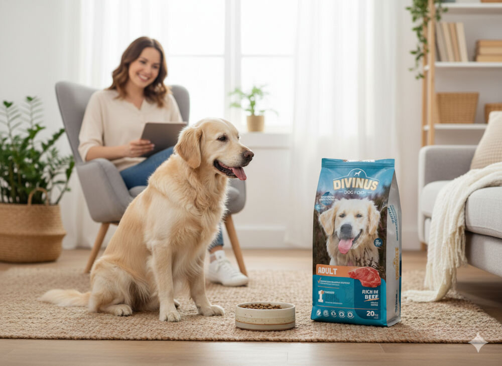 Karma dla psa DIVINUS Adult Mięsny 20 kg Pies golden retriever czekający na posiłek przy misce z suchą karmą Divinus, w tle kobieta odpoczywająca na fotelu w jasnym salonie.