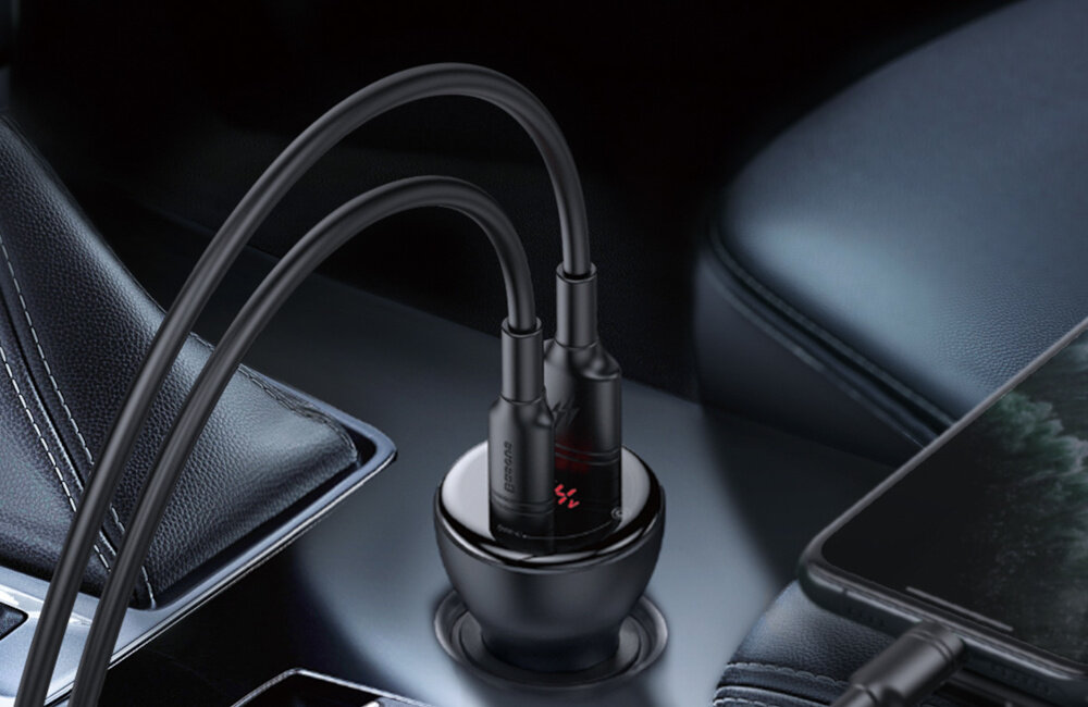 ŁADOWARKA SAMOCHODOWA BASEUS DIGITAL DISPLAY 2X USB QC3.0 45W 3A CZARNA + KABEL złącza USB USB-C