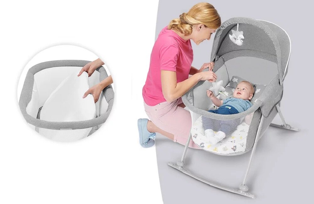 Łóżeczko KINDERKRAFT Lovi Szary praktyczny estetyczny piekny design stonowane kolory stelaz ze stali materac z bawelny i poliestru wysoce odporne szybkoschnace latwe w czyszczeniu