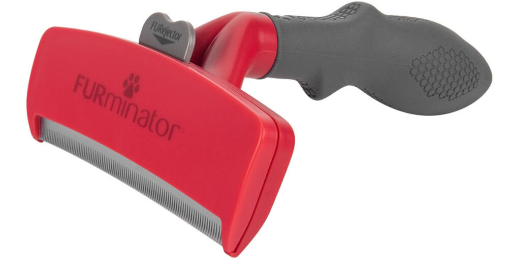 SSzczotka FURMINATOR T691694 Czerwono-czarny szczotka stojąca bokiem czerwona głowica czarna rączka przycisk ostrze białe tło dla krótkowłosych psów olbrzymich ras (XL) zdrowa skóra lśniąca sierść dla psów o masie ciała powyżej 41 kg i sierści krótszej niż 5 cm redukcja linienia aż do 99% technologia Edge Guard osłonięte ostrza ochrona skóry pupila zabezpiecza narzędzie prosty wygodny sposób porządek w domu zdrowy wygląd pupila 
