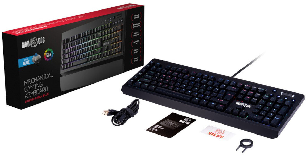 Klawiatura MAD DOG GK950 BLUE Kailh RGB zawartość opakowania